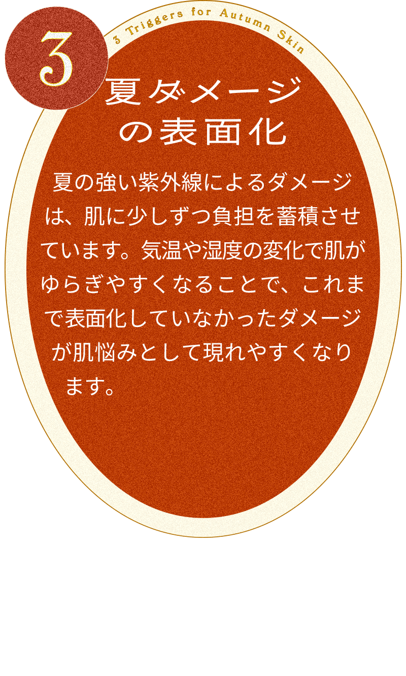 夏ダメージの表面化。夏の強い紫外線によるダメージは、肌に少しずつ負担を蓄積させています。気温や湿度の変化で肌がゆらぎやすくなることで、これまで表⾯化していなかったダメージが肌悩みとして現れやすくなります。