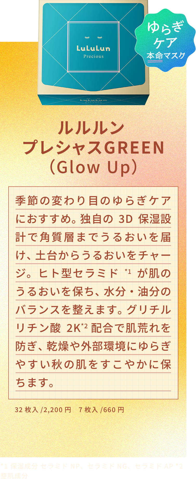 ルルルン プレシャスGREEN （Glow Up） 季節の変わり目のゆらぎケアにおすすめ。 独自の3D保湿設計で角質層までうるおいを届け、 土台からうるおいをチャージ。ヒト型セラミド*1が肌のうるおいを保ち、 水分・油分のバランスを整えます。 グリチルリチン酸2K*2 配合で肌荒れを防ぎ、 乾燥や外部環境にゆらぎやすい秋の肌をすこやかに保ちます。