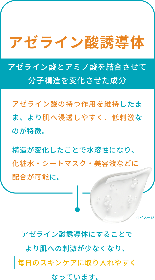 アゼライン酸誘導体 アゼライン酸とアミノ酸を結合させて 分子構造を変化させた成分 アゼライン酸の持つ作用を維持したまま、より肌へ浸透しやすく、低刺激なのが特徴。構造が変化したことで⽔溶性になり、化粧⽔・シートマスク・美容液などに配合が可能に。