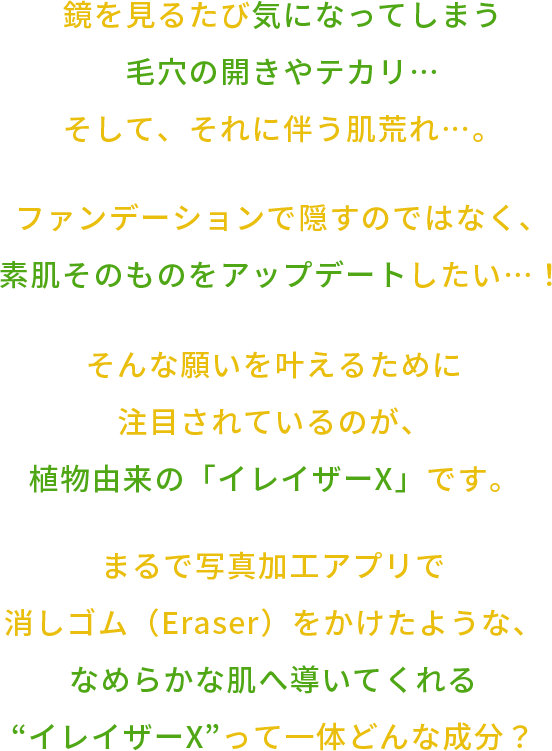 鏡を⾒るたび気になってしまう ⽑⽳の開きやテカリ… そして、それに伴う肌荒れ…。ファンデーションで隠すのではなく、 素肌そのものをアップデートしたい…！そんな願いを叶えるために 注⽬されているのが、 植物由来の「イレイザーX」です。まるで写真加⼯アプリで消しゴム（Eraser）をかけたような、なめらかな肌へ導いてくれる“イレイザーX”って⼀体どんな成分？