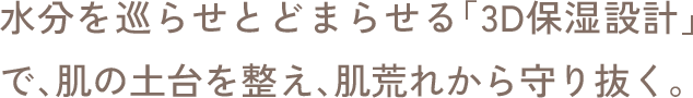 水分を巡らせとどまらせる「3D保湿設計」で、肌の土台を整え、肌荒れから守り抜く。