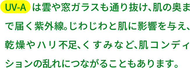 UV-A   は雲や窓ガラスも通り抜け､肌の奥まで届く紫外線｡じわじわと肌に影響を与え､乾燥やハリ不⾜､くすみなど､肌コンディションの乱れにつながることもあります｡