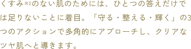 くすみ※2のない肌のためには、ひとつの答えだけでは⾜りないことに着⽬。「守る・整える・輝く」の3つのアクションで多⾓的にアプローチし、クリアなツヤ肌へと導きます。