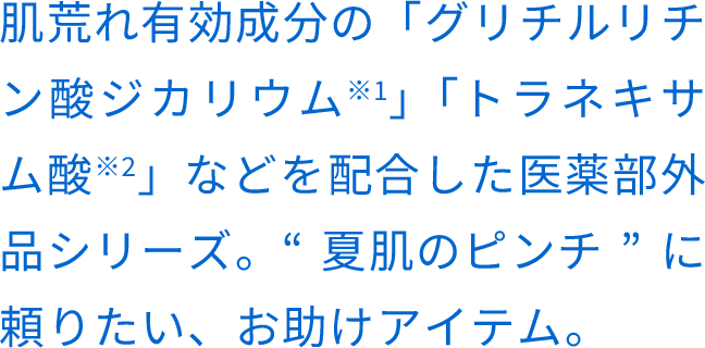 肌荒れ有効成分の「グリチルリチン酸ジカリウム※1」「トラネキサム酸※2」などを配合した医薬部外品シリーズ。“夏肌のピンチ”に頼りたい、お助けアイテム。