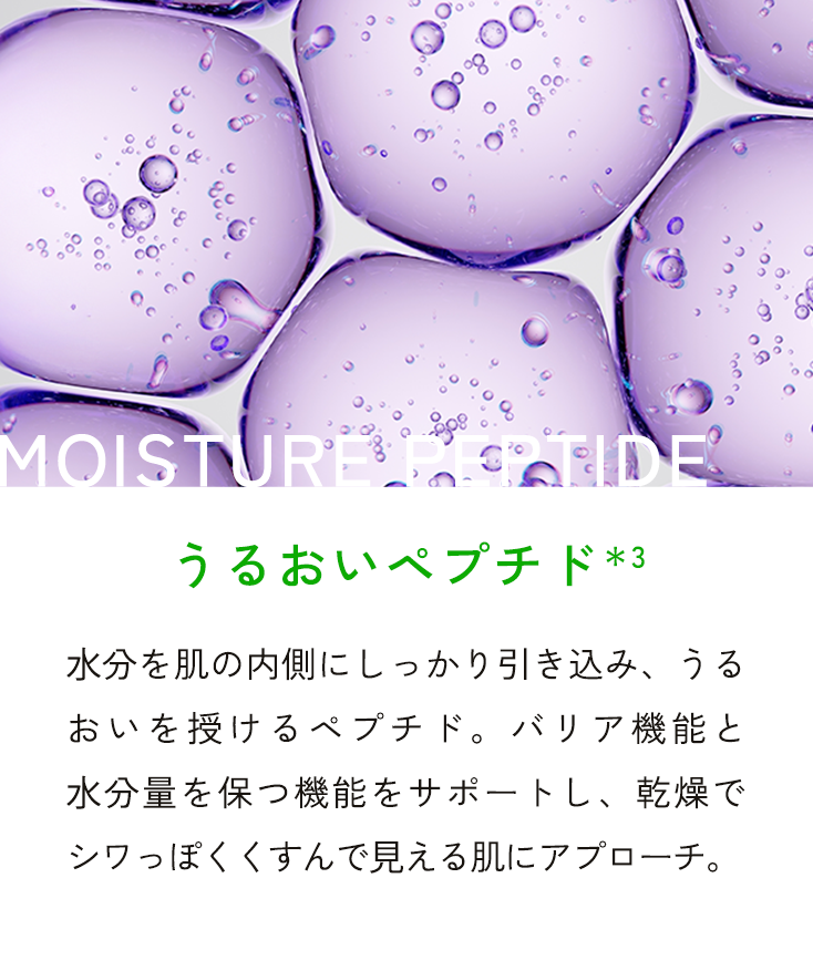 MOISTURE PEPTIDE うるおいペプチド*3 水分を肌の内側にしっかり引き込み、うるおいを授けるペプチド。バリア機能と水分量を保つ機能をサポートし、乾燥でシワっぽくすんで見える肌にアプローチ。