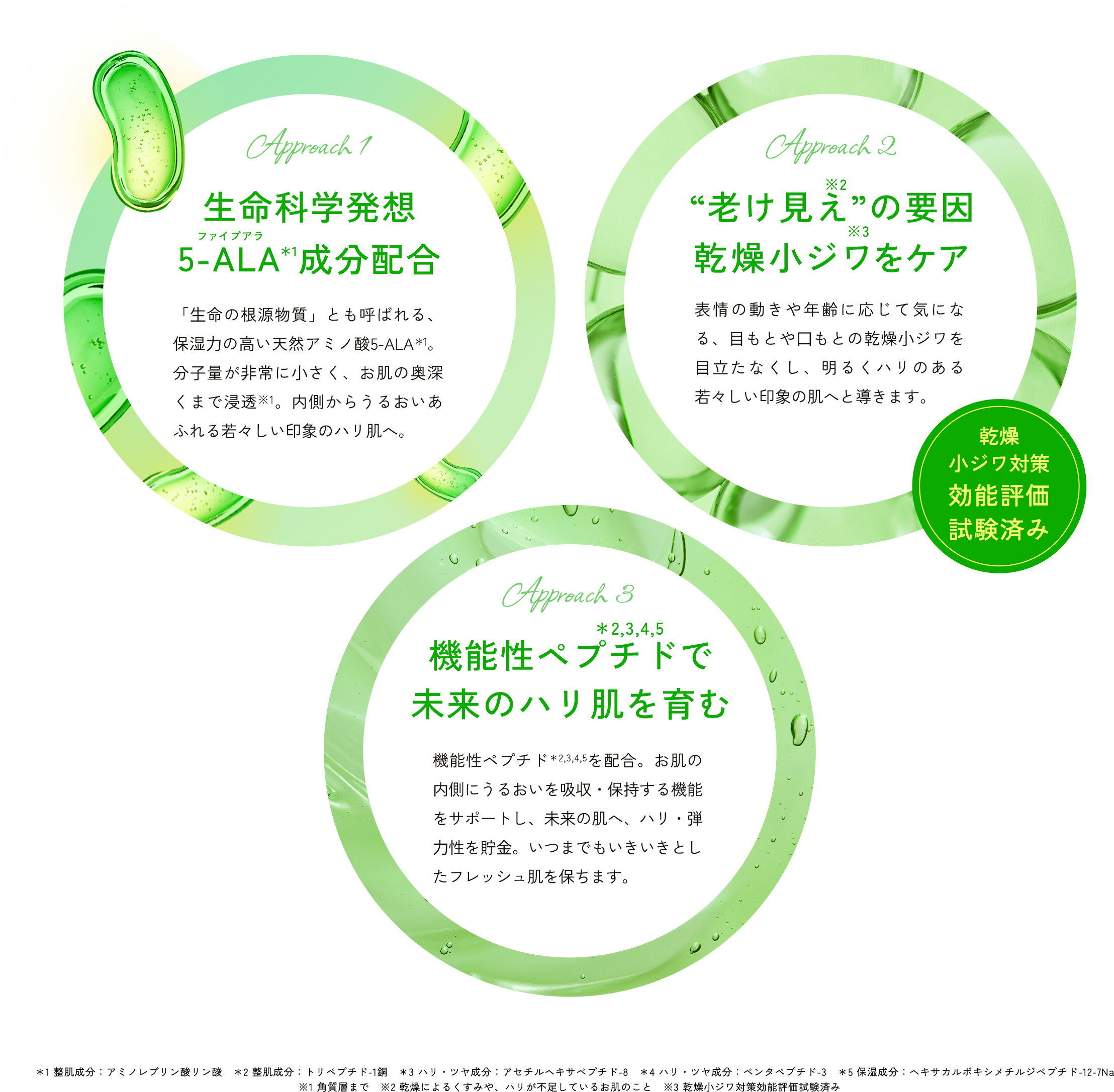 Approach1 生命科学発想 5-ALA*1成分配合 「生命の根源物質」とも呼ばれる、保湿力の高い天然アミノ酸5-ALA*1。分子量が非常に小さく、お肌の奥深くまで浸透※1。内側からうるおいあふれる若々しい印象のハリ肌へ。 Approach2 "老け見え※2"の要因 乾燥小ジワをケア※3 表情の動きや年齢に応じて気になる、目もとや口もとの乾燥小ジワを目立たなくし、明るくハリのある若々しい印象の肌へと導きます。 乾燥小ジワ対策効能評価試験済み Approach3 *2,3,4,5 機能性ペプチドで未来のハリ肌を育む 機能性ペプチド*2,3,4,5を配合。お肌の内側にうるおいを吸収・保持する機能をサポートし、未来の肌へ、ハリ・弾力性を貯金。いつまでもいきいきとしたフレッシュ肌を保ちます。 ※1 整肌成分:アミノレブリン酸リン酸 ※2 整肌成分:トリペプチド-1銅 ※3 ハリ・ツヤ成分:アセチルヘキサペプチド-8 ※4 ハリ・ツヤ成分:ペンタペプチド-3 ※5 保湿成分:ヘキサカルボキシメチルジペプチド-12-7Na ※乾燥小ジワ対策効能評価試験済み