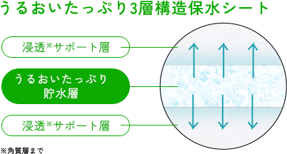 うるおいたっぷり3層構造保水シート 浸透※サポート層 うるおいたっぷり貯水層 浸透※サポート層 ※角質層まで
