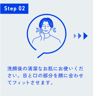 Step 02 洗顔後の清潔なお肌にお使いください。目と口の部分を顔に合わせてフィットさせます。