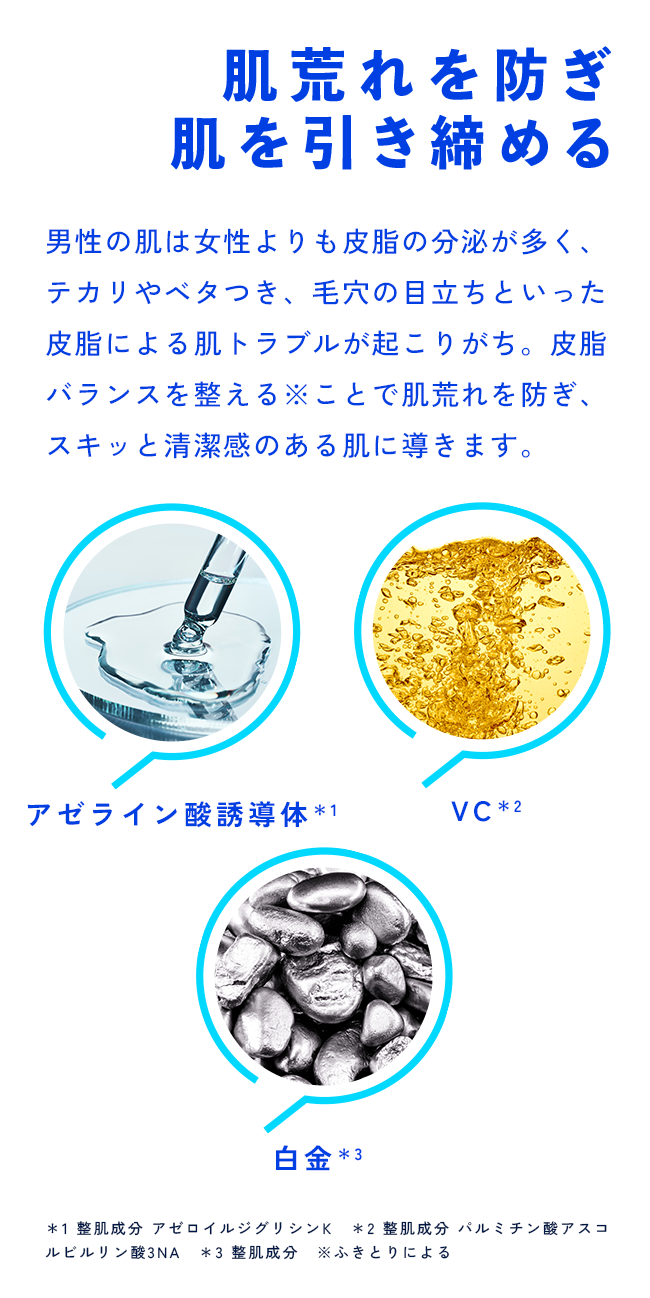 肌荒れを防ぎ 肌を引き締める 男性の肌は女性よりも皮脂の分泌が多く、テカリやベタつき、毛穴の目立ちといった皮脂による肌トラブルが起こりがち。皮脂バランスを整える※ことで肌荒れを防ぎ、スキッと清潔感のある肌に導きます。