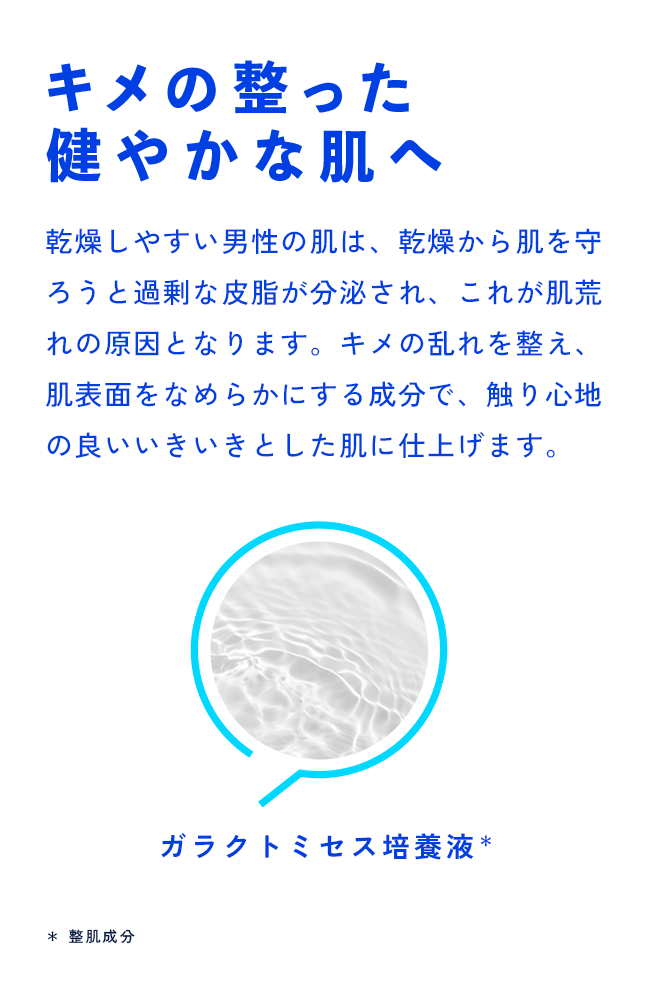 キメの整った 健やかな肌へ 乾燥しやすい男性の肌は、乾燥から肌を守ろうと過剰な皮脂が分泌され、これが肌荒れの原因となります。キメの乱れを整え、肌表面をなめらかにする成分で、触り心地の良いいきいきとした肌に仕上げます。