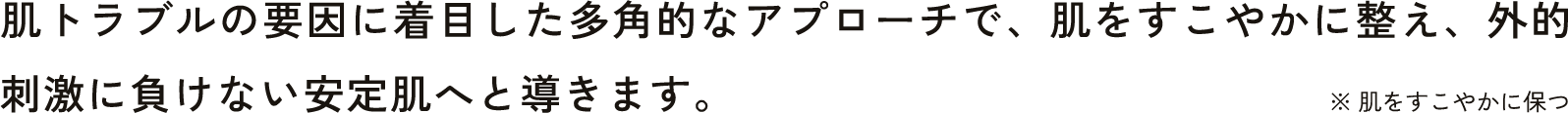 肌トラブルの要因に着目した多角的なアプローチで、肌をすこやかに整え、外的刺激に負けない安定肌へと導きます。