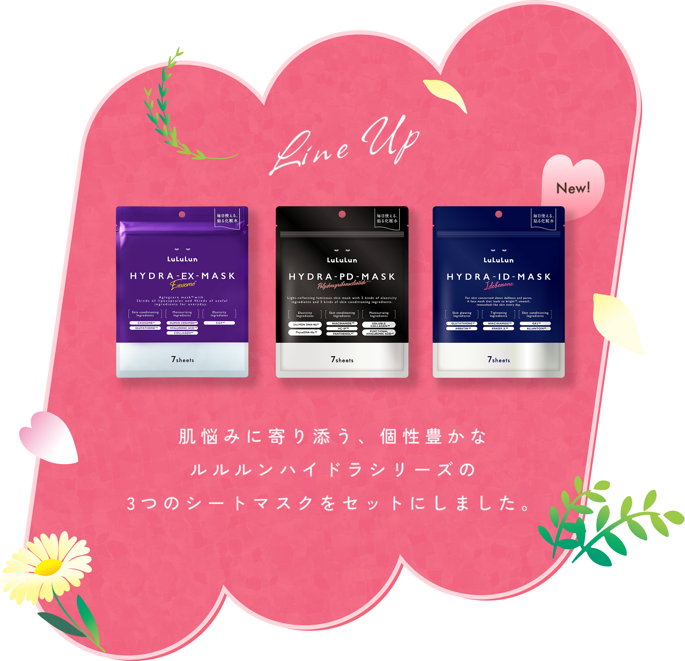 lineup 肌悩みに寄り添う、個性豊かな ルルルンハイドラシリーズの 3つのシートマスクをセットにしました。