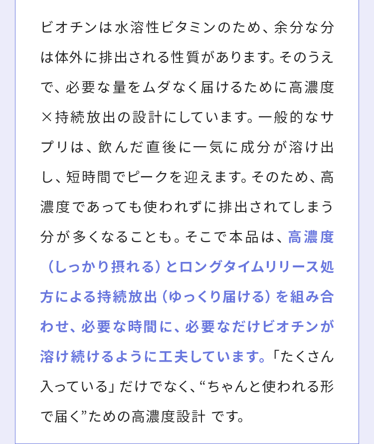高濃度（しっかり摂れる）とロングタイムリリース処方による持続放出（ゆっくり届ける）を組み合わせ、必要な時間に、必要なだけビオチンが溶け続けるように工夫しています。