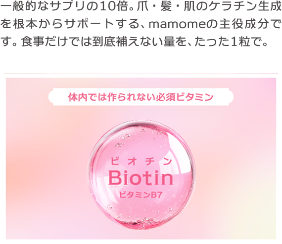 一般的なサプリの10倍。爪・髪・肌のケラチン生成を根本からサポートする、マモミーの主役成分です。食事だけでは到底補えない量を、たった1粒で。
