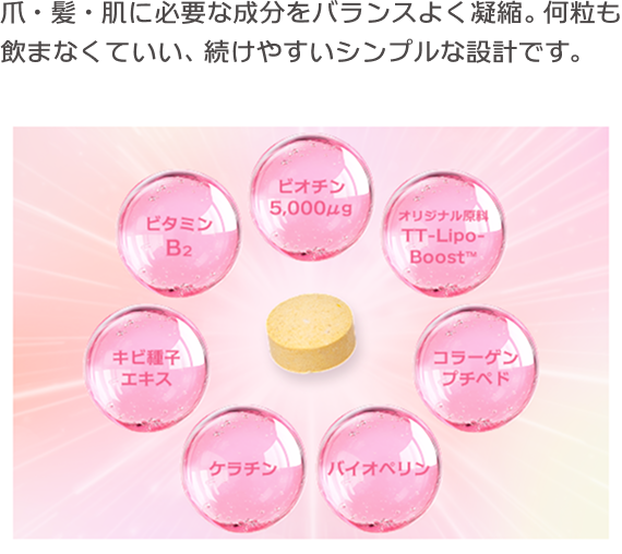 爪・髪・肌に必要な成分をバランスよく凝縮。何粒も飲まなくていい、続けやすいシンプルな設計です。