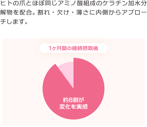 ヒトの爪とほぼ同じアミノ酸組成のケラチン加水分解物を配合。割れ・欠け・薄さに内側からアプローチします。