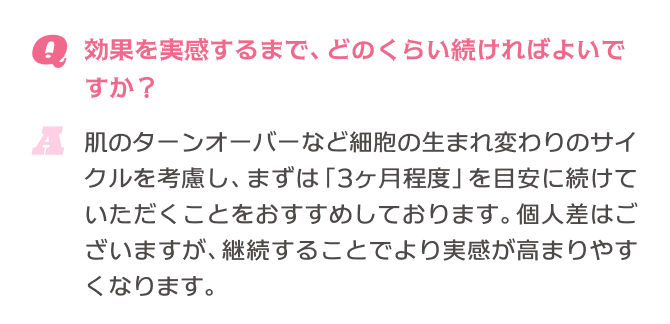 Q.効果を実感するまで、どのくらい続ければよいですか？ A.肌のターンオーバーなど細胞の生まれ変わりのサイクルを考慮し、まずは「3ヶ月程度」を目安に続けていただくことをおすすめしております。個人差はございますが、継続することでより実感が高まりやすくなります。