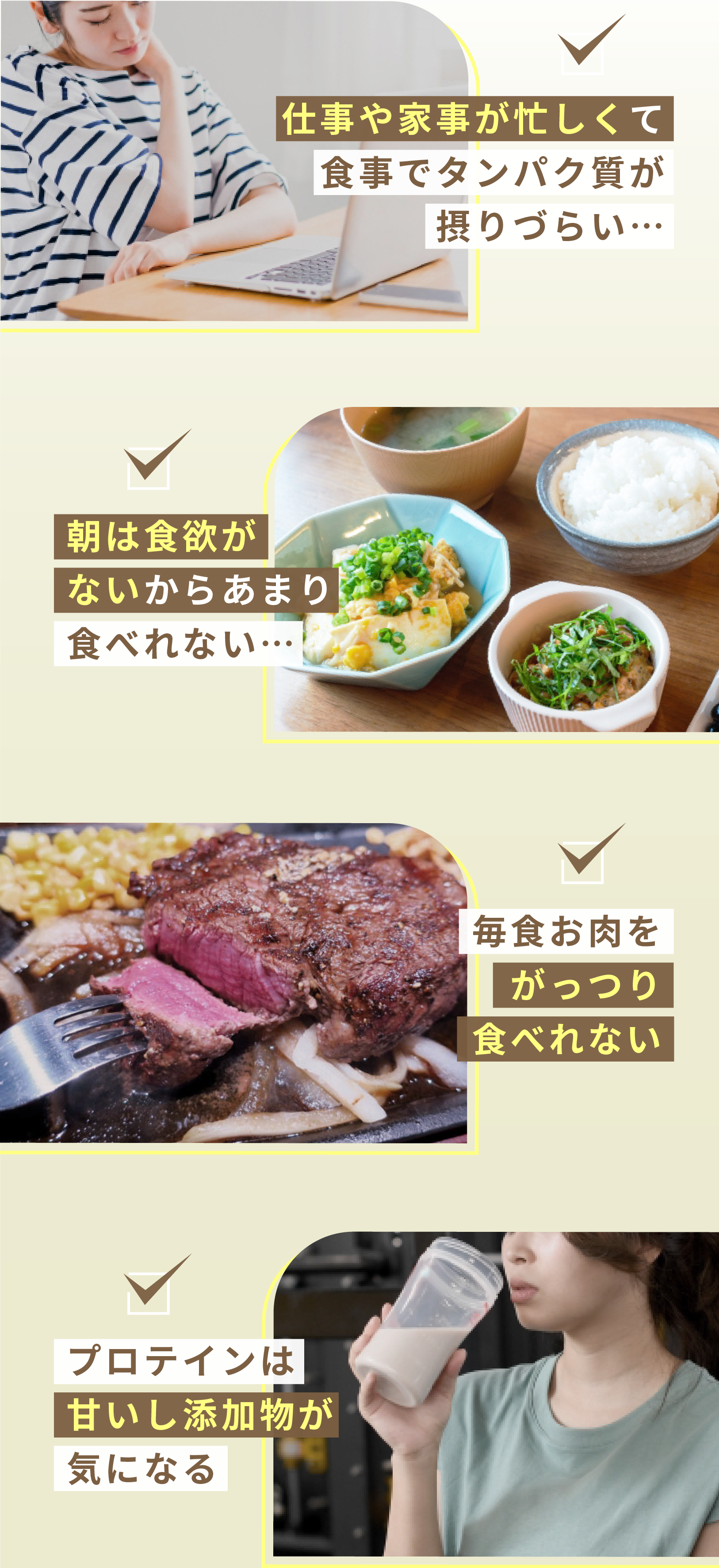 仕事や家事が忙しくて食事でタンパク質が摂りづらい / 朝は食欲がないからあまり食べれない / 毎食お肉をがっつり食べれない / プロテインは甘いし添加物が気になる