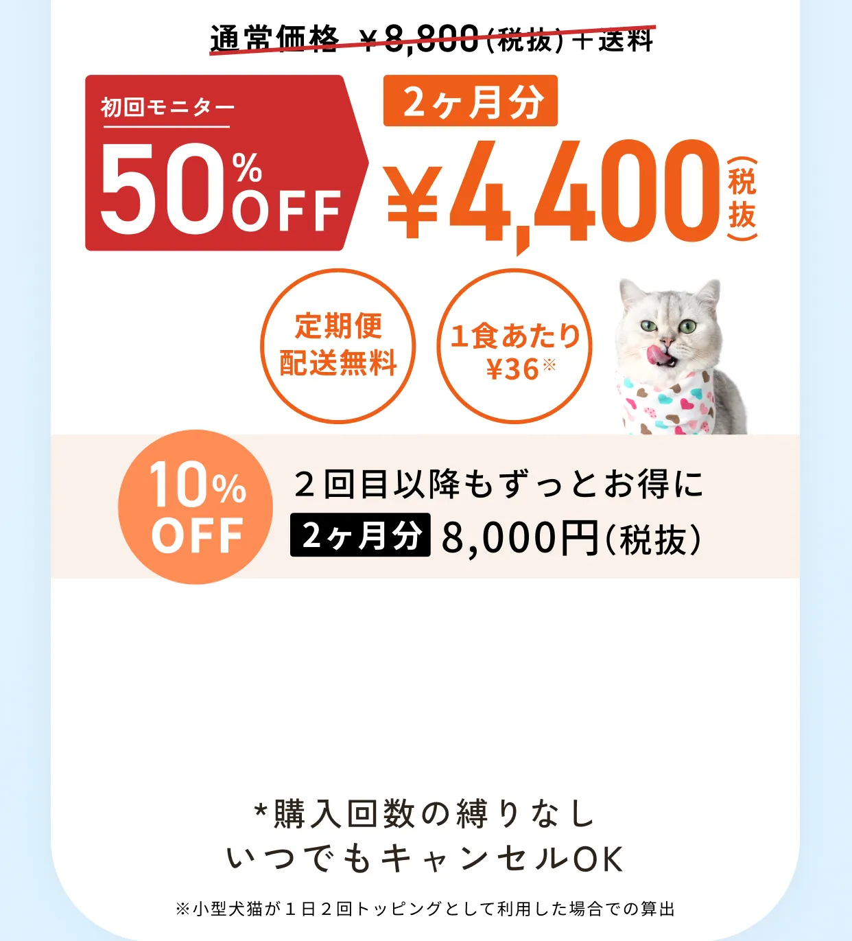 通常価格¥8,800(税抜)+送料のところ初回限定50%OFF2ヶ月分¥4,400(税抜)・定期便配送無料・1食あたり¥36※小型犬猫が1日2回トッピングとして利用した場合での算出・10%OFF2回目以降もずっとお得に2ヶ月分8,000円(税抜)・*購入回数の縛りなしいつでもキャンセルOK