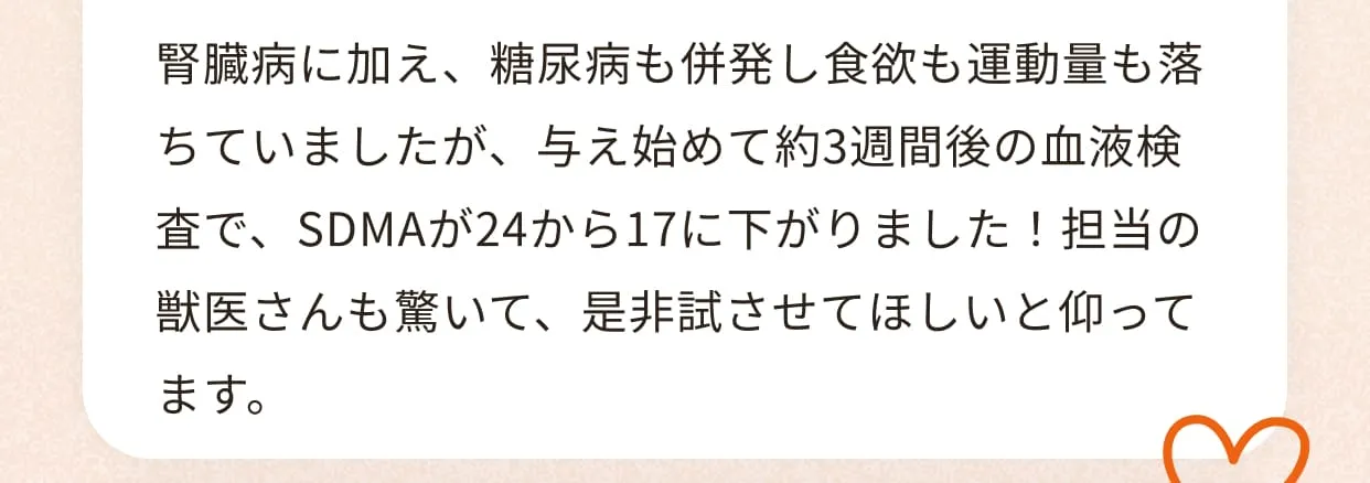 腎臓病に加え、糖尿病も併発し食欲も運動量も落ちていましたが、与え始めて約3週間後の血液検査で、SDMAが24から17に下がりました！担当の獣医さんも驚いて、是非試させてほしいと仰ってます。