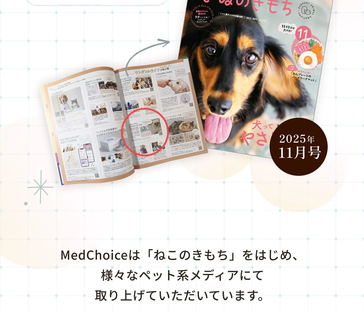他にも・ねこのこと・ペトハピ・いぬのきもちで掲載！・MedChoiceは「ねこのきもち」をはじめ、様々なペット系メディアにて取り上げていただいています。