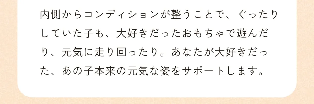 内側からコンディションが整うことで、ぐったりしていた子も、大好きだったおもちゃで遊んだり、元気に走り回ったり。あなたが大好きだった、あの子本来の元気な姿をサポートします。