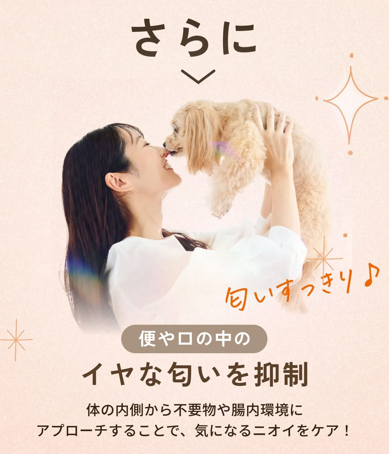 さらに便や口の中のイヤな匂いを抑制・体の内側から不要物や腸内環境にアプローチすることで、気になるニオイをケア！