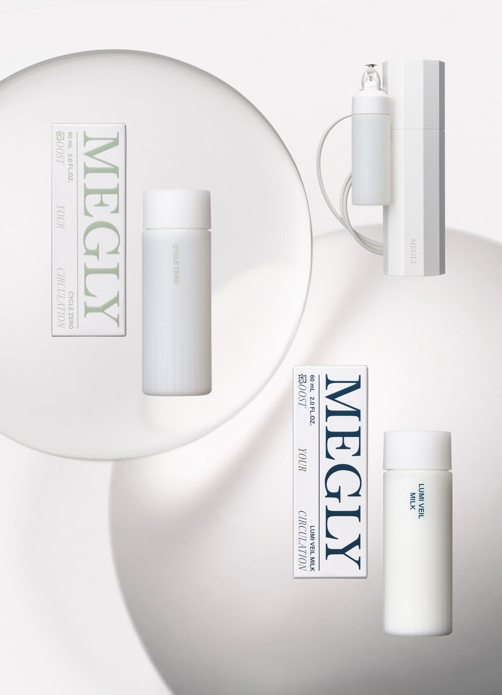 CYCLE ZERO（化粧水）、専用デバイス MEGLY、LUMI VEIL MILK（乳液）