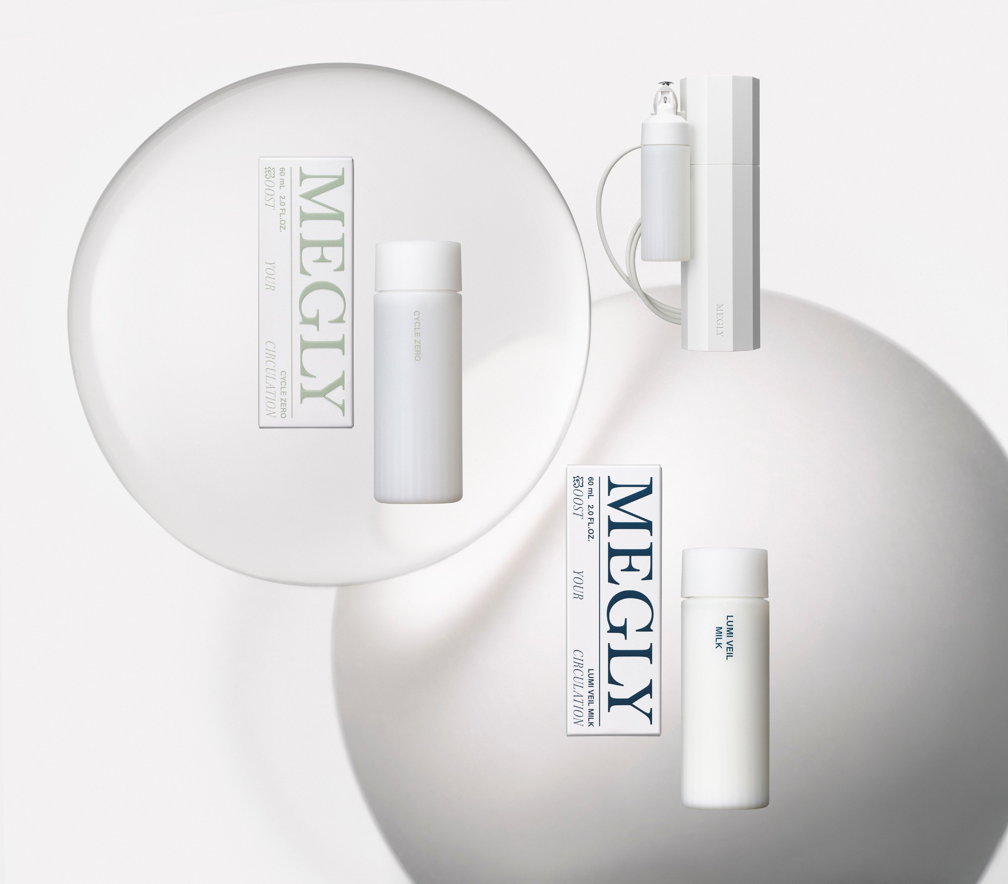 MEGLYのデバイス、化粧水 CYCLE ZERO、乳液 LUMI VEIL MILK