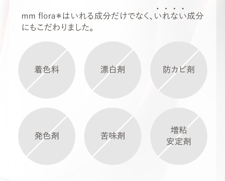 mm flora＊はいれる成分だけでなく、いれない成分にもこだわりました。 着色料 漂白剂 防カビ剤 発色剂 苦味剤 増粘安定剤