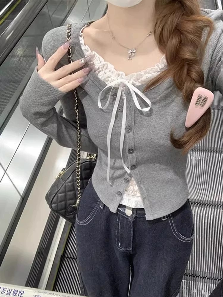 レースリボンカーデトップス