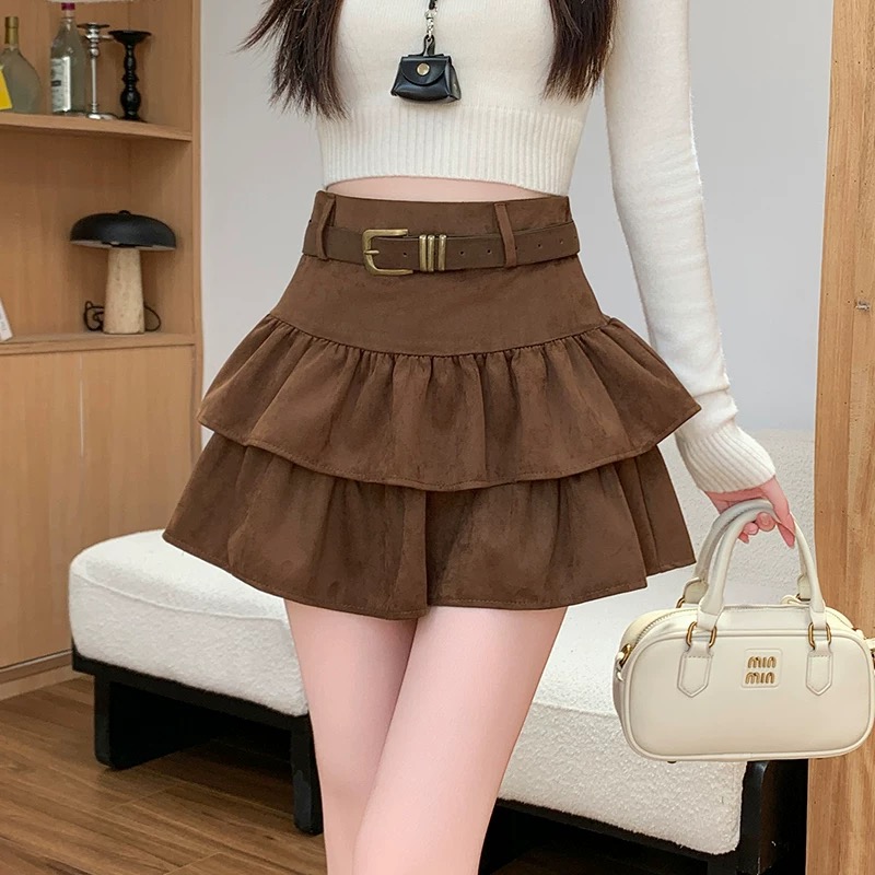 インパン裏地付きベルトティアードフリルミニスカート