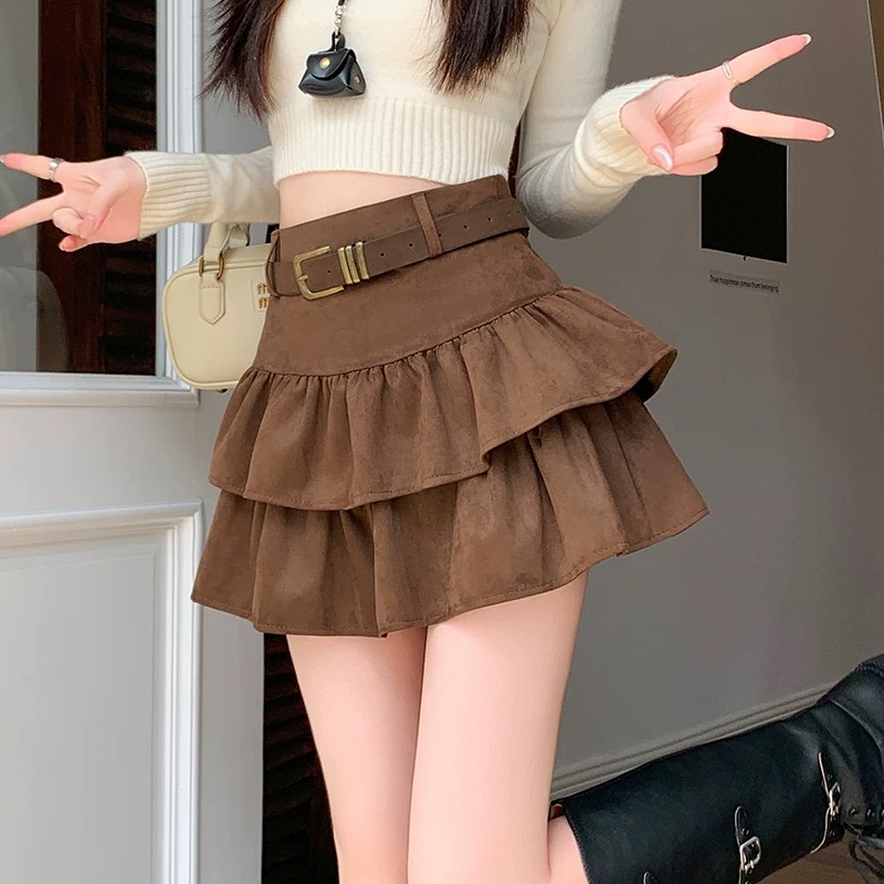 インパン裏地付きベルトティアードフリルミニスカート
