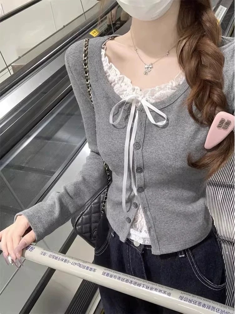 レースリボンカーデトップス