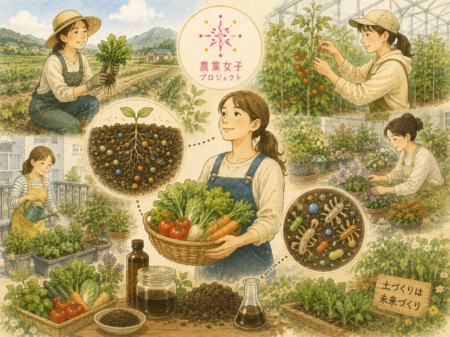 フルボ酸を使って土づくりをする女性のイラスト