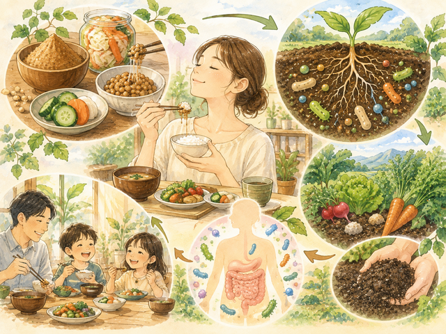 発酵食品を手に秋の自然の中で過ごす女性のイラスト