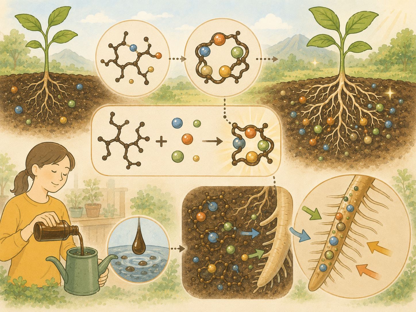 フルボ酸の分子がミネラルと結びつき植物の根に届く仕組みを表した図解