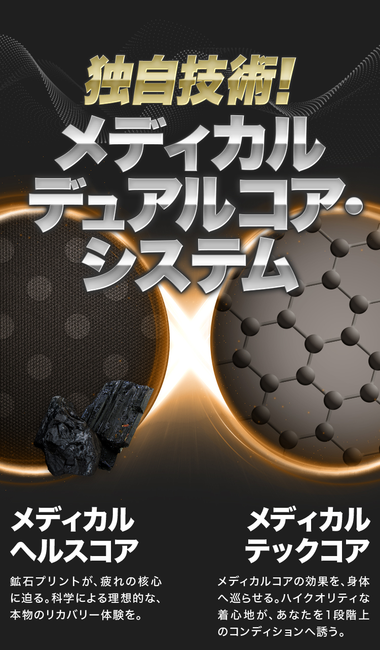 独自技術! メディカル デュアルコア・システム メディカル ヘルスコア 鉱石プリントが、疲れの核心に迫る。科学による理想的な、本物のリカバリー体験を。メディカル テックコア メディカルコアの効果を、身体へ巡らせる。ハイクオリティな着心地が、あなたを１段階上のコンディションへ誘う。