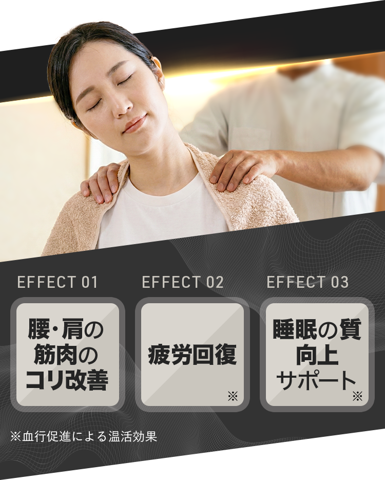 effect 01 腰・肩の 筋肉の コリ改善 effect 02 疲労回復 effect 03 睡眠の質 向上 サポート ※血行促進による温活効果