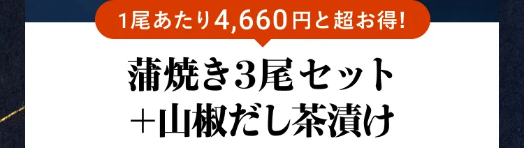 国産満腹うなぎ 蒲焼き3尾セット＋山椒だし茶漬け 8,700円OFF！