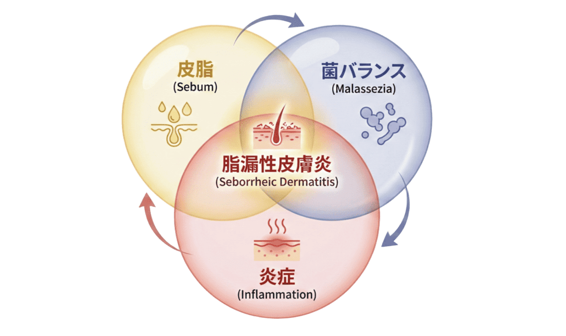 脂漏性皮膚炎は「皮脂」「菌バランス」「炎症」が重なると起こりやすい