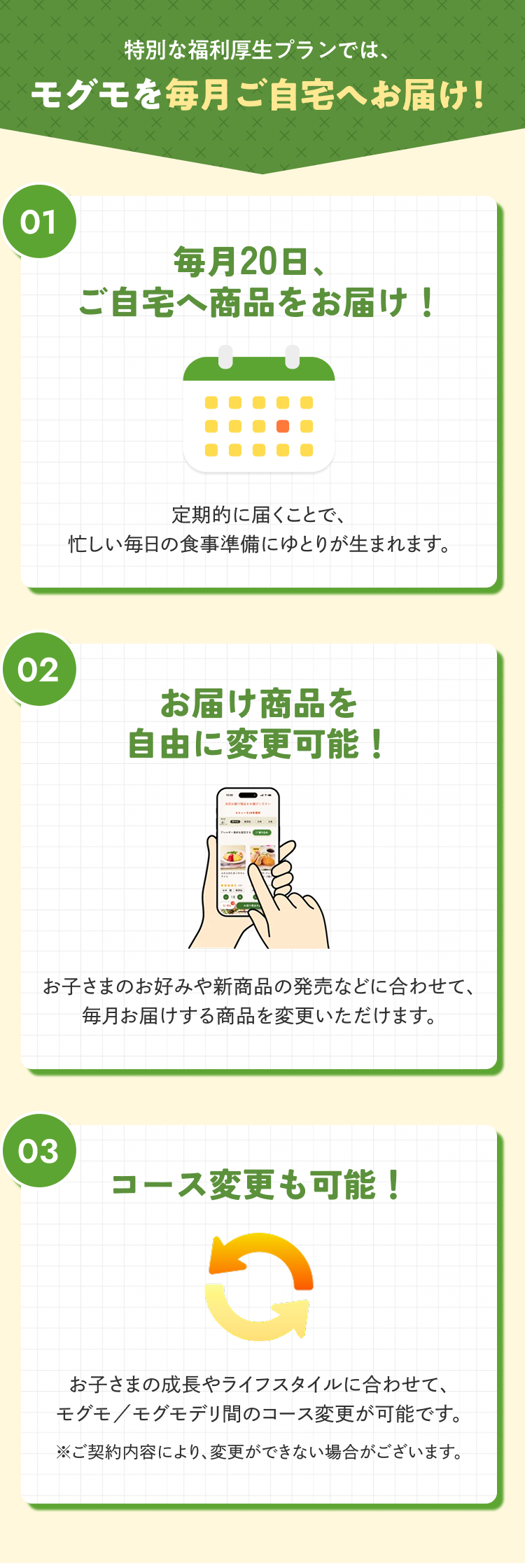 特別な福利厚生プランでは、モグモを毎月ご自宅へお届け！