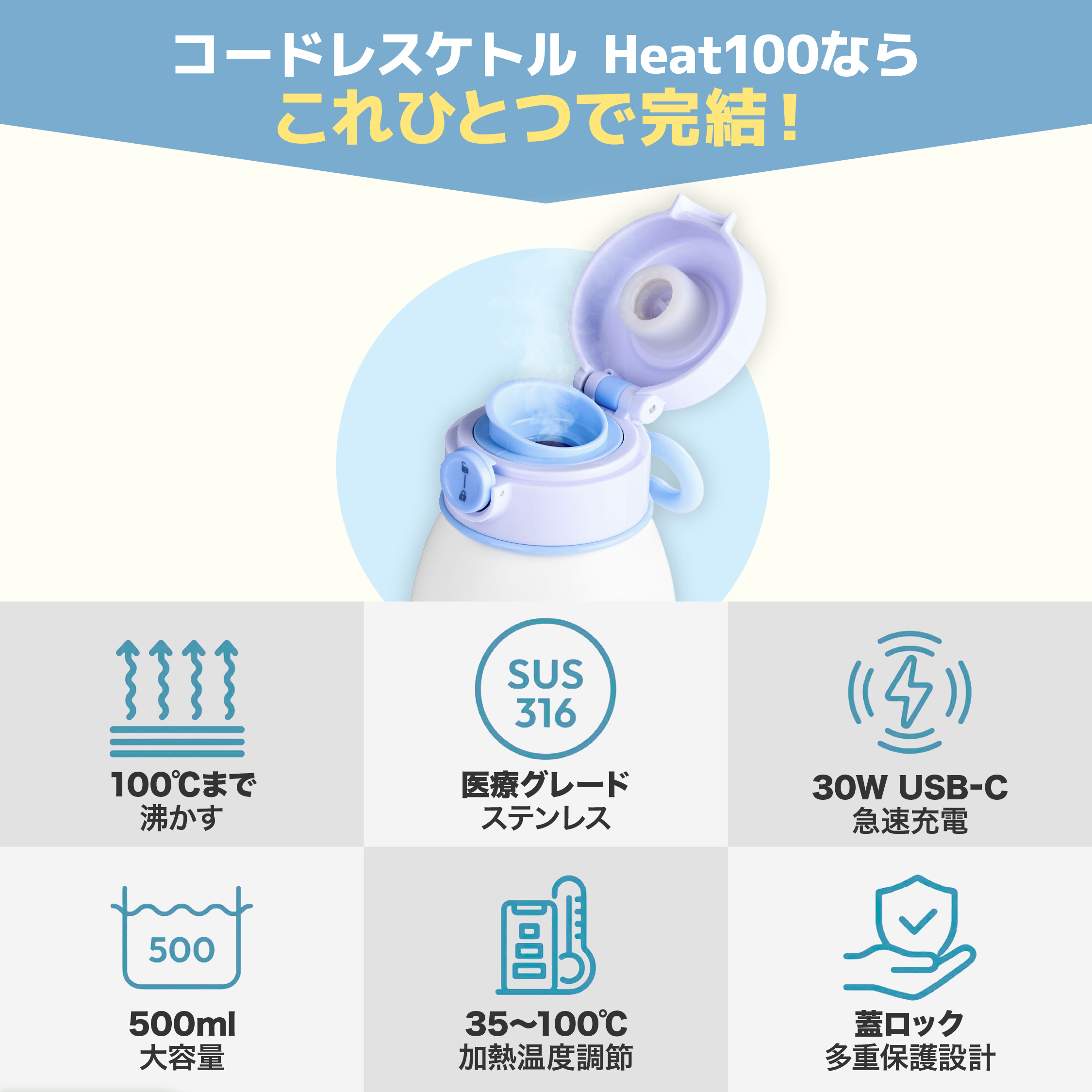 BLUEFEEL コードレスUSBケトル Heat100 【ポータブルケトル】 カラー: クラウドブルー