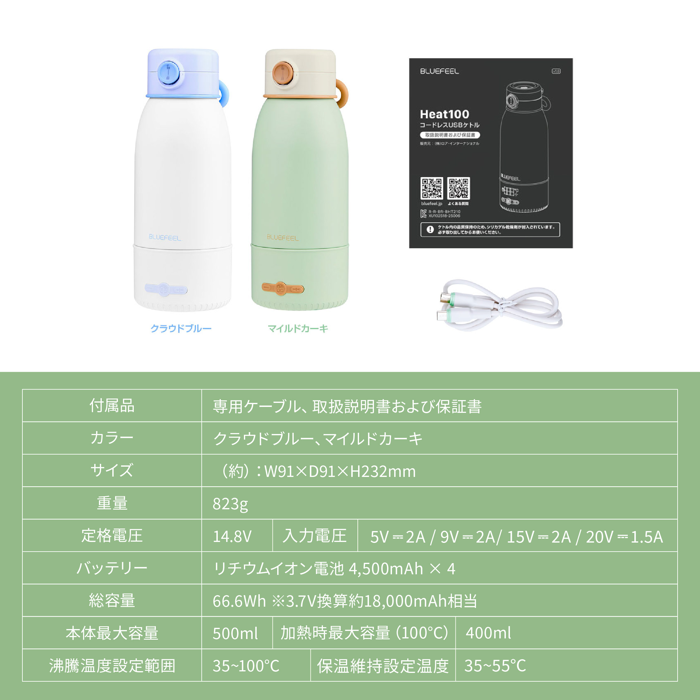 BLUEFEEL コードレスUSBケトル Heat100 【ポータブルケトル】 カラー: クラウドブルー
