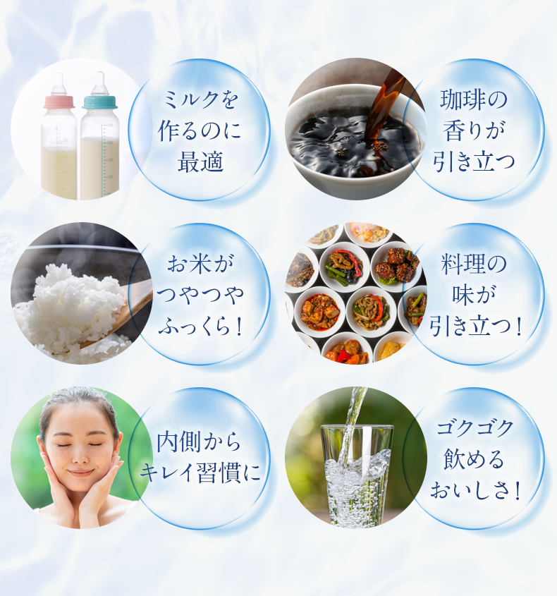 ミルクを作るのに最適 珈琲の香りが引き立つ お米がつやつやふっくら! 料理の味が引き立つ! 内側からキレイ習慣に ゴクゴク飲めるおいしさ!