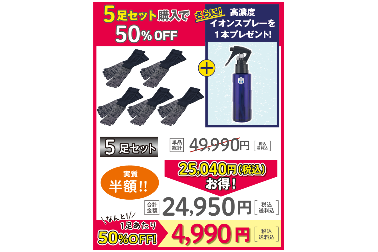 銀イオン五本指靴下 5足セット（特典スプレー付き）