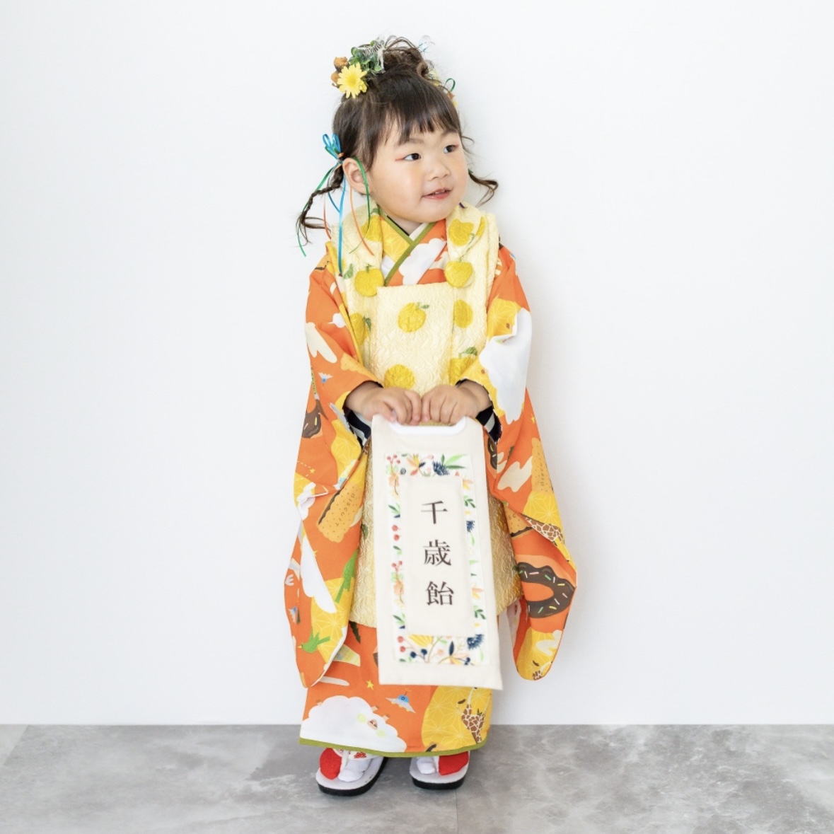 【レンタル】３歳着物セット／animal（オレンジ） サイズ: 90size, 千歳飴袋: なし