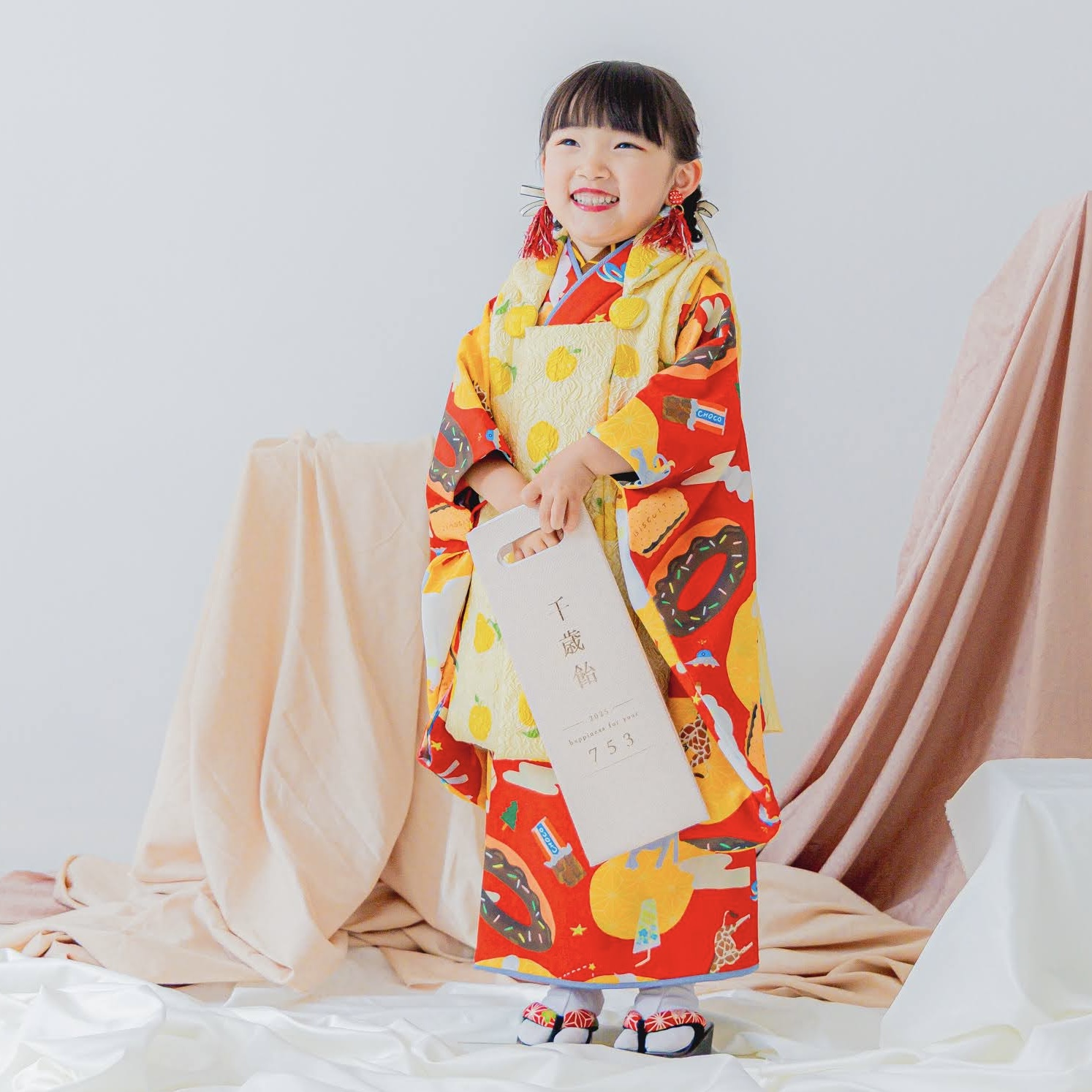 【レンタル】３歳着物セット／animal（レッド） サイズ: 90size, 千歳飴袋: なし