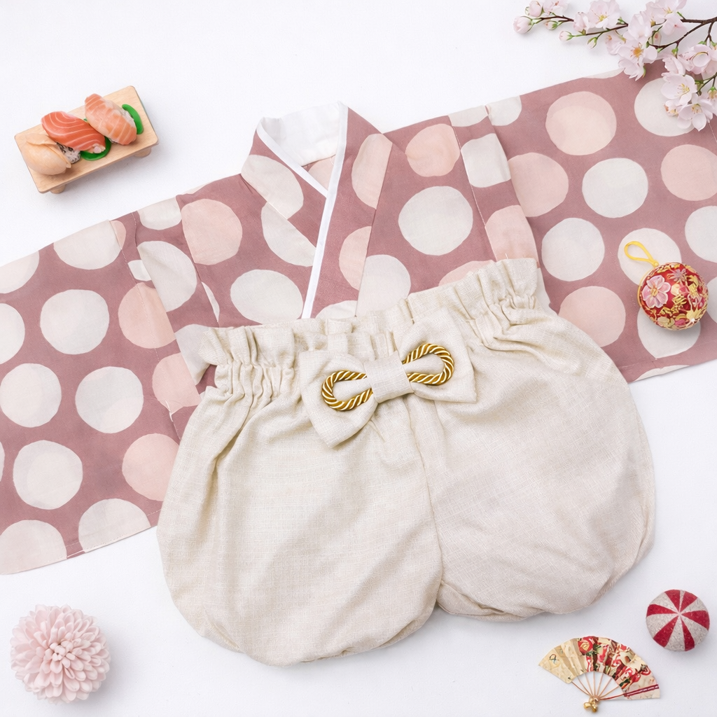 【SALE】ハギレでハカマ／ピンクドット(70-80size)