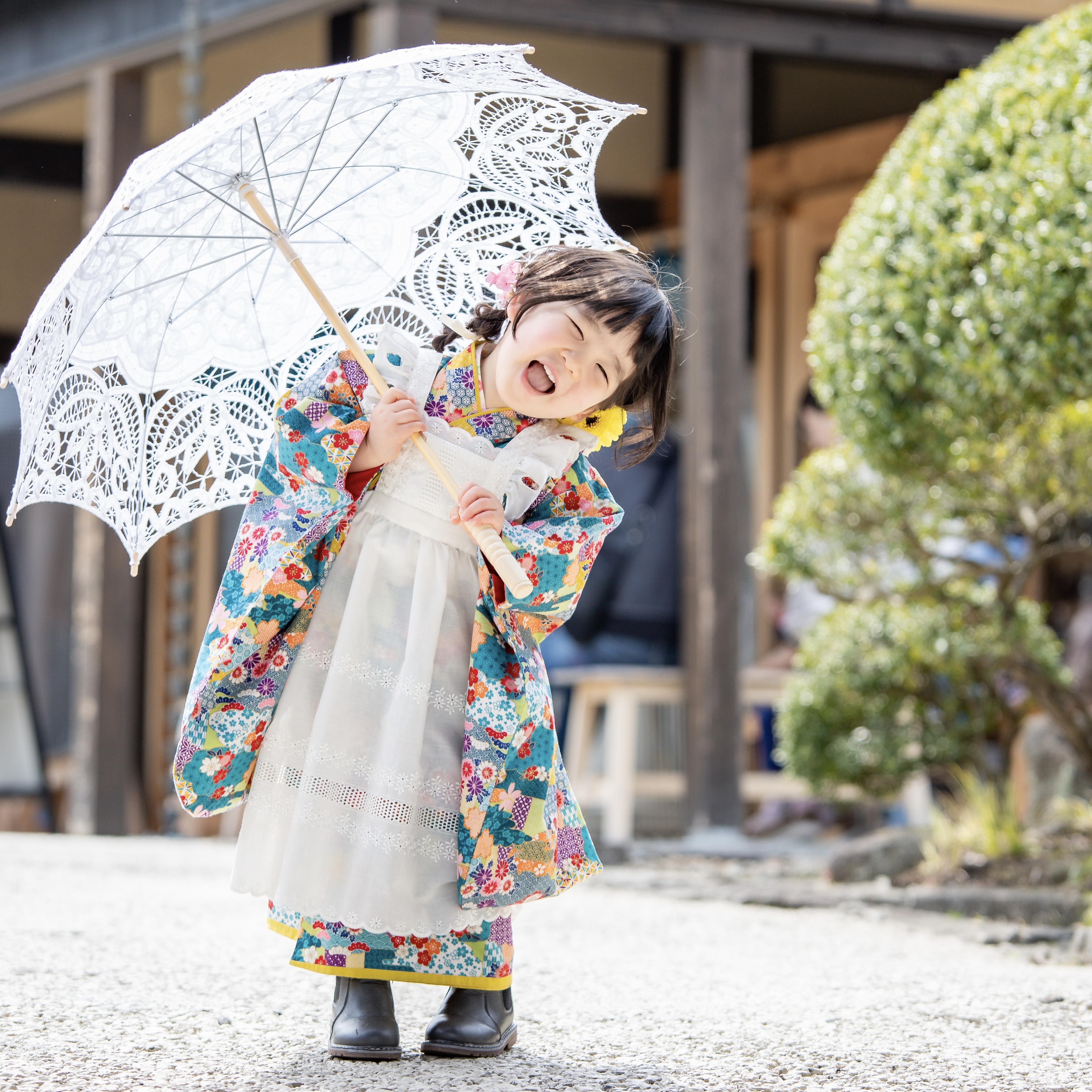【レンタル】３歳着物セット／KUMODORI（みどり） 千歳飴袋: なし, お色直し（被布・エプロン追加）: なし